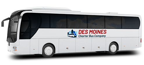 a plain white charter bus with a "Des Moines Charter Bus Company" logo